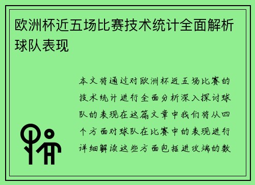 欧洲杯近五场比赛技术统计全面解析球队表现