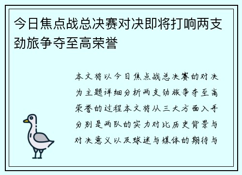 今日焦点战总决赛对决即将打响两支劲旅争夺至高荣誉