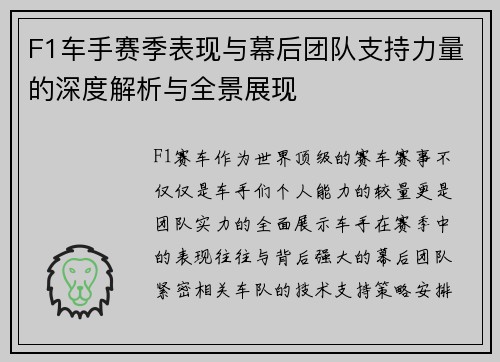 F1车手赛季表现与幕后团队支持力量的深度解析与全景展现